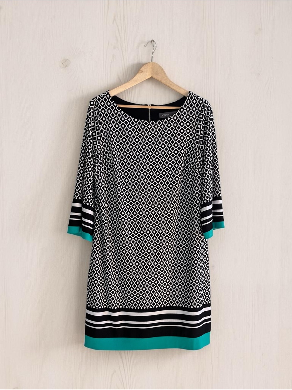 Donna Ricco Geometric Dress Diamond Mod Pattern Black White with Turquoise